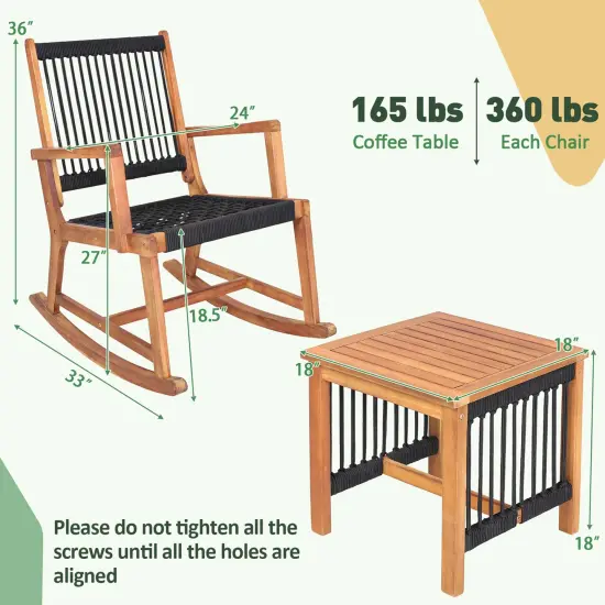 Costway 3pcs Patio Acacia Wood Bistro Table Rocking Chair Set All-Weather Rope Outdoor {3}