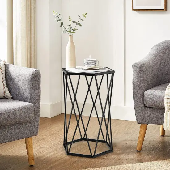 End Table Tempered Glass Top Metal Frame Hexagonal Accent Side Table Living Room {2}