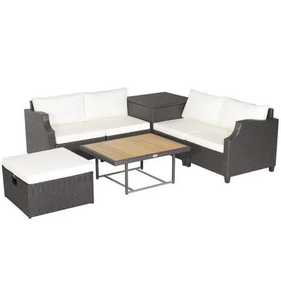 7 Pieces Hand-Woven Wicker Outdoor Furniture Set with Acacia Wood Coffee Table-White {3}