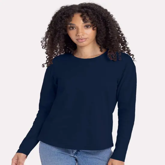 Next Level&reg; Women's Cotton Relaxed Crew Neck Long Sleeve T-Shirt Midnight navy {1}