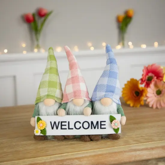 Northlight Gnome Trio with Welcome Banner Spring Table Decoration - 7" - Pastel Pink and Green {3}