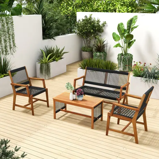 4 Pieces Acacia Wood Patio Conversation Table and Chair Set with Hand Woven Rope {1}