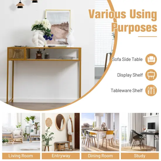 Faux Marble Console Table with Wire Baske for Hallway and Living Room-White {5}