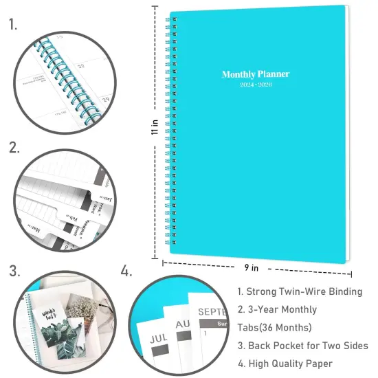 2025-2028 Monthly Planner/Calendar - 3 Year Monthly Planner 2025-2028, Jul.2025 - Jun.2028, 9" x 11", 36-Month Calendar + Colorful Tabs + Pocket - Teal {6}