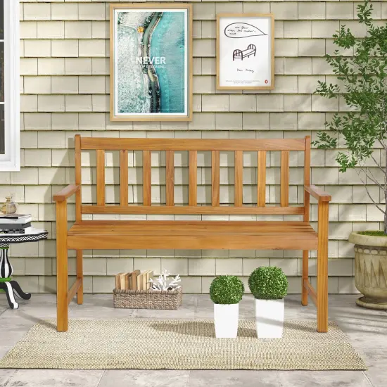 2-Person Patio Acacia Wood Bench with Backrest and Armrests Ideal for Outdoor Seating {2}