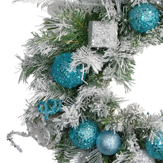 Northlight Flocked Pine with Glitter Ornaments Artificial Christmas Wreath - 24" - Unlit Blue {3}