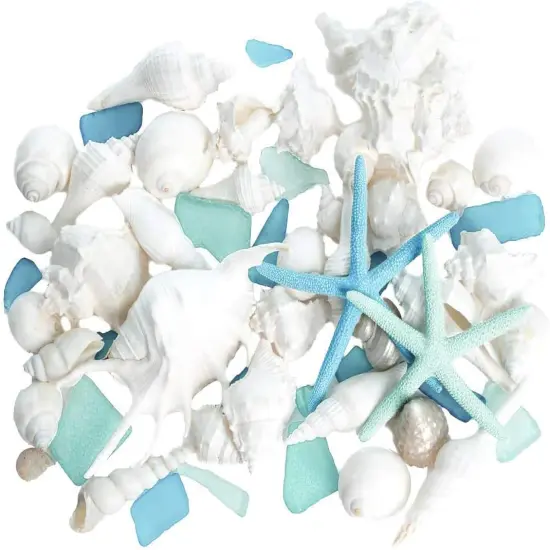 Real Mixed Beach Seashells with Blue & Green Starfish & Aqua and Blue Sea Glass White Decorative Sea Shell D&eacute;cor & Blue Seaglass Pieces {1}