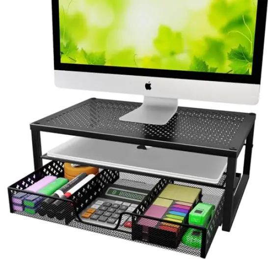 Simple Trending-Metal Monitor Stand Riser and Computer Desk Organizer with Drawer for Laptop, Computer, iMac, Black {1}