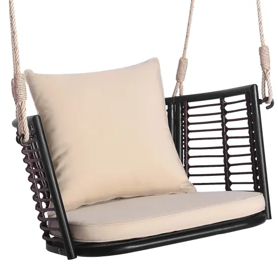 Costway Patio Hanging Rattan Basket Chair Swing Hammock Chair with Seat Cushion Navy/Grey/Beige {9}