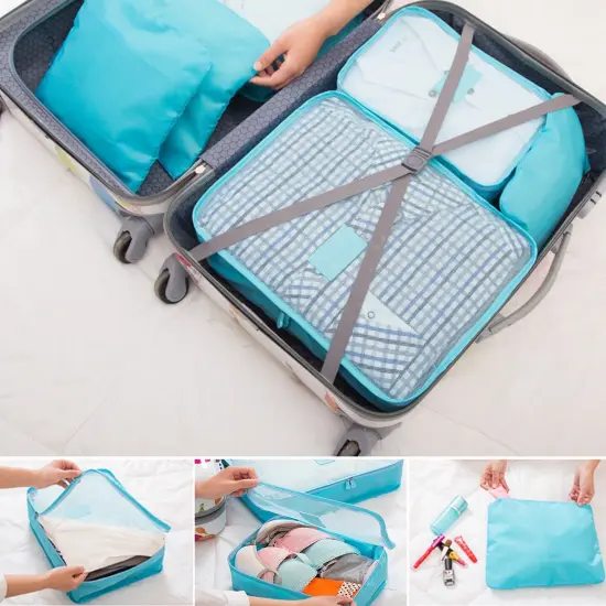 9Pcs Clothes Storage Bags Water-Resistant Travel Luggage Organizer Clothing Packing Cubes Blue {3}