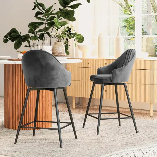 Costway Set of 2 Velvet Bar Stools Swivel Counter Height Dining Chair with Metal Legs Gray {3}