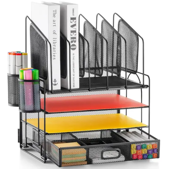 Marbrasse Desk Organizer with Drawer, 4-Tier Mesh Desk File Organizer with 5 Vertical File Holders and 2 Pen Holders, Multifunction Desktop Organizer {1}