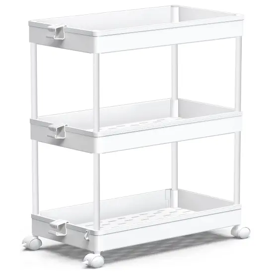 SPACEKEEPER Storage Rolling Cart, 3 Tier Laundry Room Organization Utility Cart Bathroom Organizer Mobile Shelving Unit Shelves Multi-Functional Trolley, White {1}