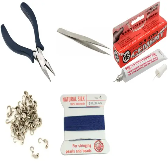 Bead Tip Kit - Pliers, Tweezers, Cement, 30 Bead Tips & Dark Blue Bead Cord #6 {1}