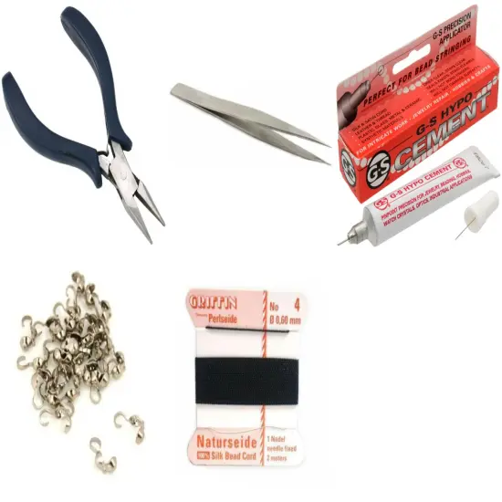 Bead Tip Kit - Pliers, Tweezers, Cement, 30 Bead Tips & Black Bead Cord #4 {1}
