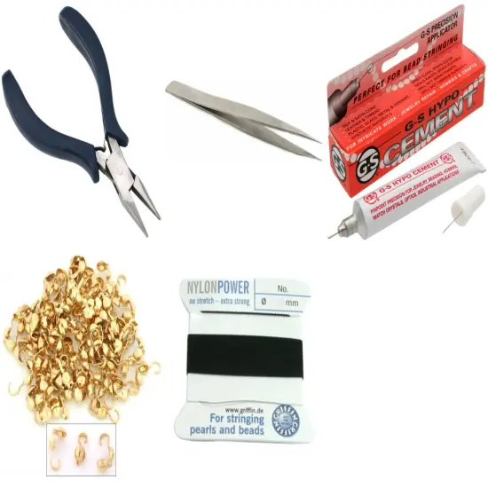 Bead Tip Kit - Pliers, Tweezers, Cement, 100 Bead tips & Black Bead Cord #6 {1}