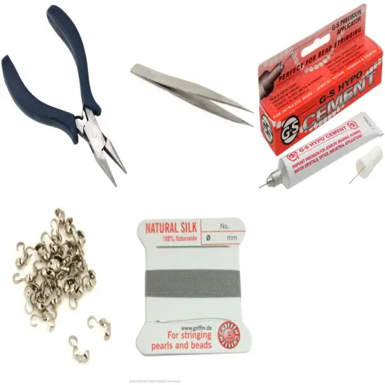 Bead Tip Kit - Pliers, Tweezers, Cement, 30 Bead Tips & Grey Bead Cord #3 {1}
