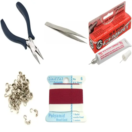 Bead Tip Kit - Pliers, Tweezers, Cement, 30 Bead Tips & Garnet Bead Cord #6 {1}