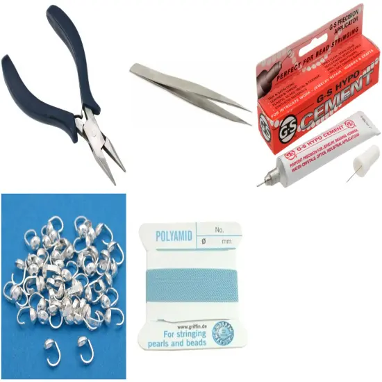 Bead Tip Kit - Pliers, Tweezers, Cement, 50 Bead Tips & Turqoise Bead Cord #6 {1}
