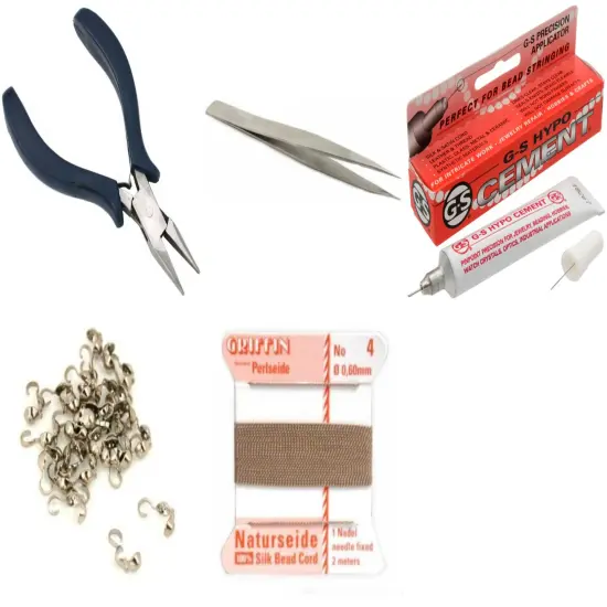 Bead Tip Kit - Pliers, Tweezers, Cement, 30 Bead Tips & Beige Bead Cord #4 {1}