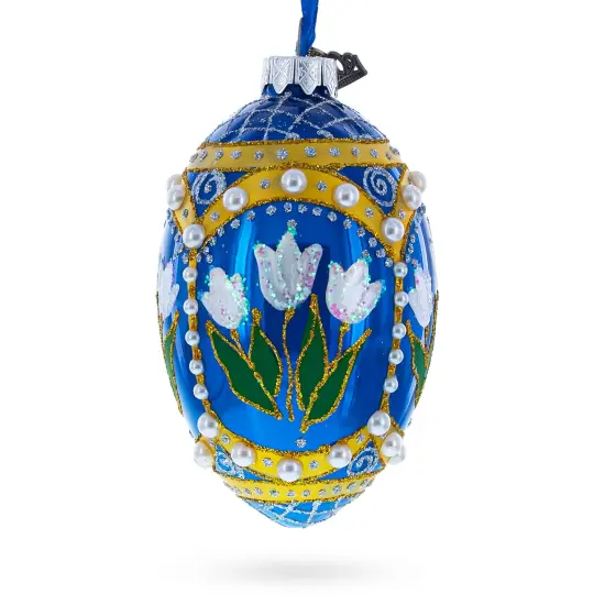 Blue Flowers with Pearls and Glitter Glass Egg Ornament 4 Inches {1}