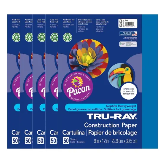 Construction Paper, Blue, 9" x 12", 50 Sheets Per Pack, 5 Packs {1}