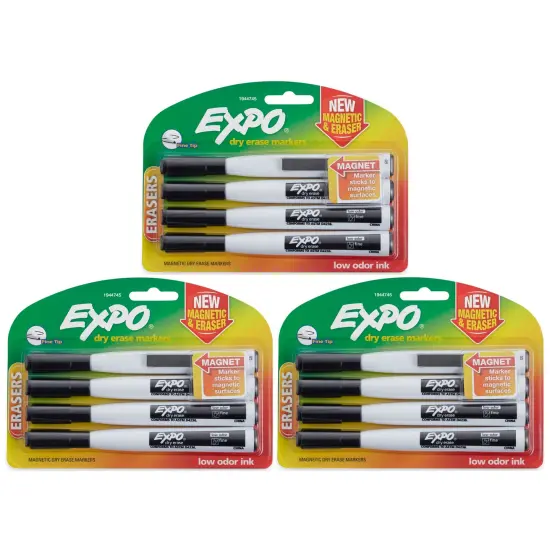 Magnetic Dry Erase Markers with Eraser, Fine Tip, Black, 4 Per Pack, 3 Packs {1}