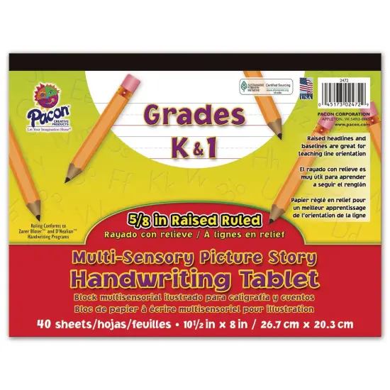Multi-Sensory Raised Ruled Tablet, Tape Bound, 5/8" x 5/16" x 5/16" Picture Story Ruled Long, 10-1/2" x 8", 40 Sheets, Pack of 3 {2}
