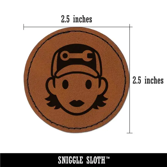 Occupation Mechanic Engineer Woman Icon Round Iron-On Engraved Faux Leather Patch Applique - 2.5" Brown {3}