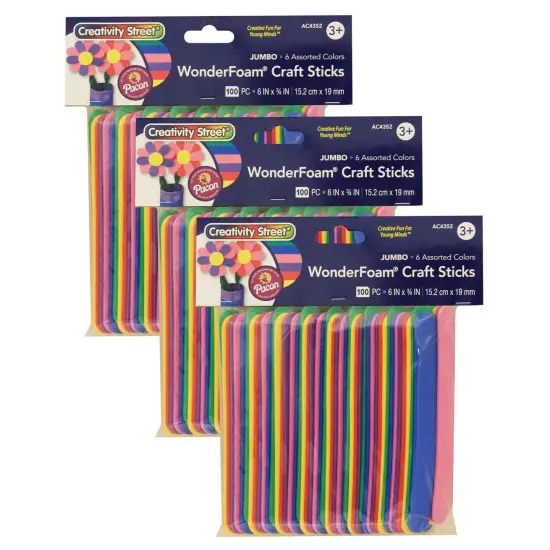 WonderFoam&reg; Jumbo Craft Sticks, Assorted Colors, 6" x 3/4", 100 Per Pack, 3 Packs {1}