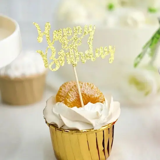 24 Gold Glitter Happy Birthday Cake & Cupcake Toppers {2}