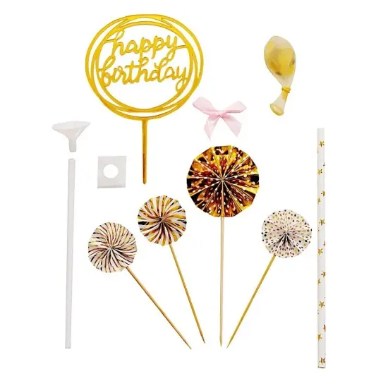 Happy Birthday Cake Topper Set with Paper Fans and Confetti Balloon Decorations Gold {1}