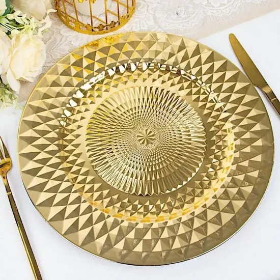 GOLD 6 Metallic 13" Round Plastic CHARGER PLATES Diamond Pattern {2}