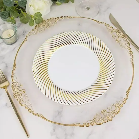 10 WHITE GOLD 9" Round Plastic Dinner PLATES Swirl Design {3}