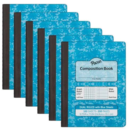 Dual Ruled Composition Book, Blue, 1/4" Grid & 3/8" Wide Ruled, 9-3/4" x 7-1/2", 100 Sheets, Pack of 12 {1}