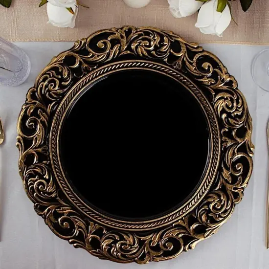 6 Black Gold 14" Round Baroque Metallic Charger Plates {3}