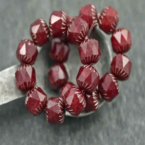 *10* 10mm Platinum Washed Red Opaline Center Cut Cruller Beads {4}