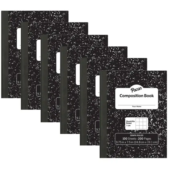 Composition Book, Black Marble, 1 cm Quadrille Ruled 9-3/4" x 7-1/2", 100 Sheets, Pack of 6 {1}