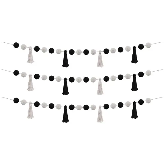 Black and White Pom-Poms and Tassels Garland, Pack of 3 {1}
