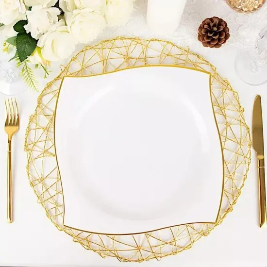 WHITE 10 Square 10" Plastic Salad PLATES Wavy Gold Rim {3}
