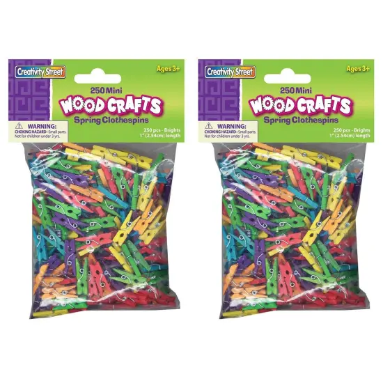 Mini Spring Clothespins, Bright Hues Assorted, 1", 250 Per Pack, 2 Packs {1}
