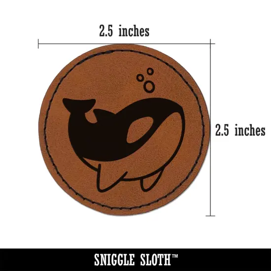 Sweet Kawaii Chibi Killer Whale Round Iron-On Engraved Faux Leather Patch Applique - 2.5" Brown {3}