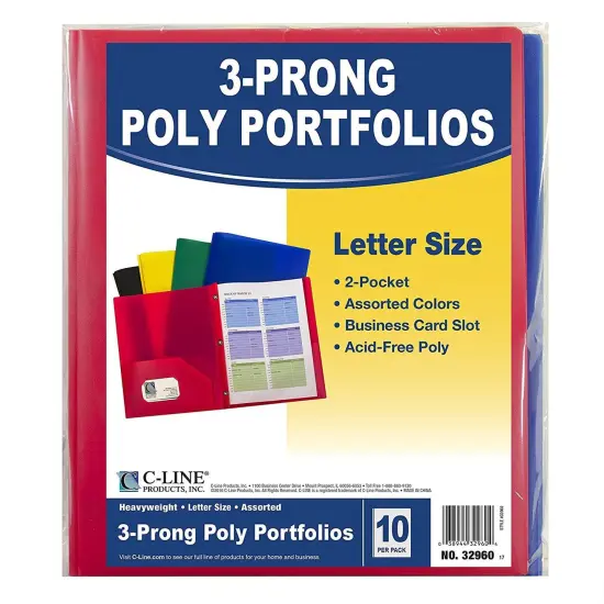 Two-Pocket Heavyweight Poly Portfolio Folder with Prongs, Assorted Primary Colors, Pack of 10 {2}