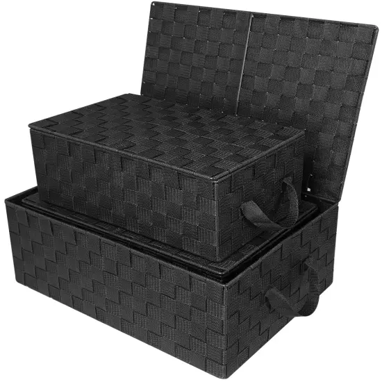 Sorbus 3 Pack Decorative Stackable Woven Basket with Lid and Built-in Rope Carry Handles - Great for Storage and Organization (Black) {3}