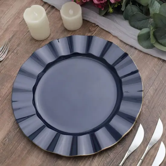10 NAVY BLUE 11" Round PLASTIC Salad Dinner PLATES Gold Wavy Rim {4}