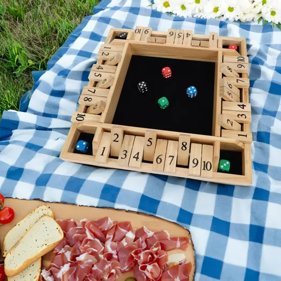 Pacific Shore Games 4 Player Shut the Box Dice Board Game with Natural Wood - 12 in. {2}