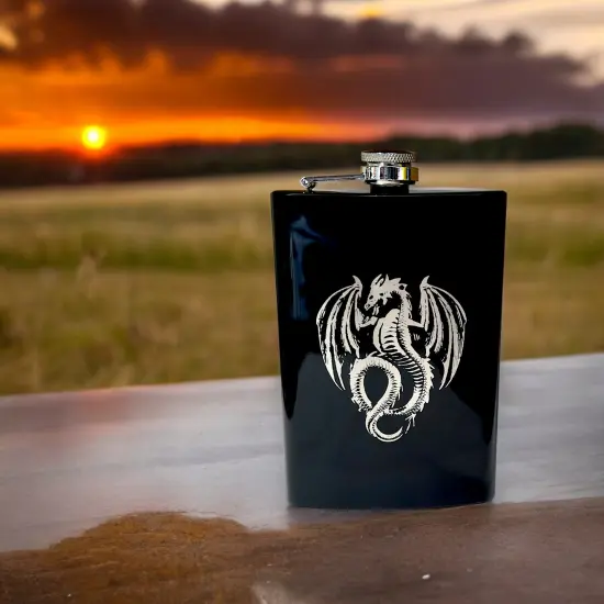 8oz BLACK Vintage Flying Dragon Flask {4}