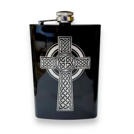 8oz BLACK Celtic Cross Flask {1}