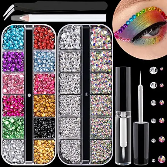 Flat Back Rhinestone Kits Colorful Rhinestones+Crystal AB&Transparent White Gems With Quick Dry Makeup Glue+Picker Pencil+Tweezer For Nail Art And Face Make-up {2}