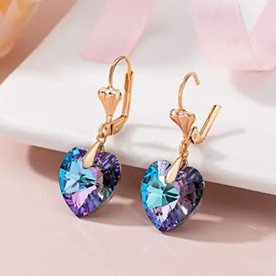 Crystal Heart Drop Leverback Earrings for Women Fashion Dangle Earring 14K Rose Gold Plated Hypoallergenic Jewelry (Vitrail Light) {6}